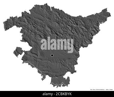 Shape of País Vasco, autonomous community of Spain, with its capital isolated on white background. Bilevel elevation map. 3D rendering Stock Photo