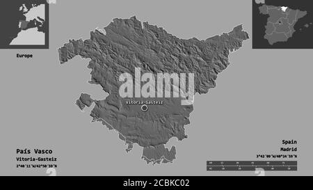 Shape of País Vasco, autonomous community of Spain, and its capital. Distance scale, previews and labels. Bilevel elevation map. 3D rendering Stock Photo