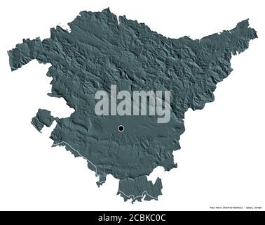 Shape of País Vasco, autonomous community of Spain, with its capital isolated on white background. Colored elevation map. 3D rendering Stock Photo