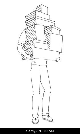 Man holding boxes graphic black white isolated sketch illustration vector Stock Vector