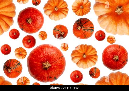 Seamless pattern with pumpkins of different sizes and shapes. Abstract background. Multicolored pumpkins isolated on white background. Top view Stock Photo