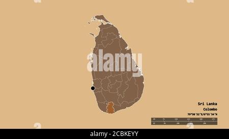 Desaturated shape of Sri Lanka with its capital, main regional division and the separated Matara area. Labels. Composition of patterned textures. 3D r Stock Photo