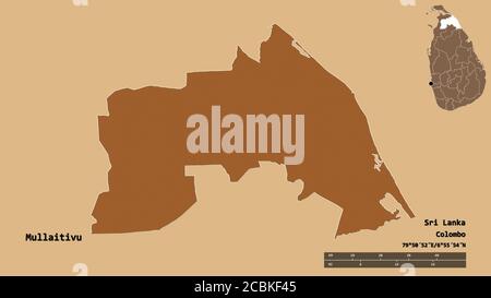 Shape of Mullaitivu, district of Sri Lanka, with its capital isolated on solid background. Distance scale, region preview and labels. Composition of p Stock Photo