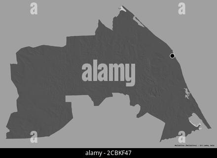 Shape of Mullaitivu, district of Sri Lanka, with its capital isolated on a solid color background. Bilevel elevation map. 3D rendering Stock Photo