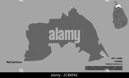 Shape of Mullaitivu, district of Sri Lanka, with its capital isolated on solid background. Distance scale, region preview and labels. Bilevel elevatio Stock Photo