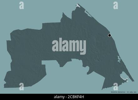 Shape of Mullaitivu, district of Sri Lanka, with its capital isolated on a solid color background. Colored elevation map. 3D rendering Stock Photo