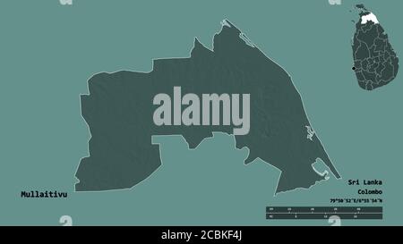 Shape of Mullaitivu, district of Sri Lanka, with its capital isolated on solid background. Distance scale, region preview and labels. Colored elevatio Stock Photo