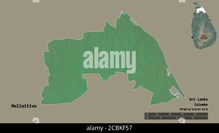 Shape of Mullaitivu, district of Sri Lanka, with its capital isolated on solid background. Distance scale, region preview and labels. Topographic reli Stock Photo