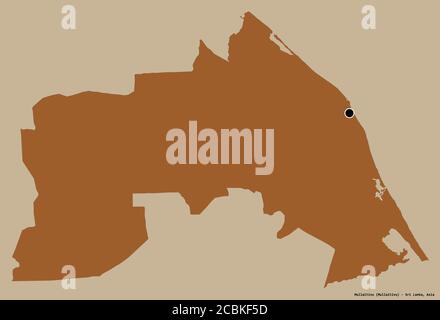 Shape of Mullaitivu, district of Sri Lanka, with its capital isolated on a solid color background. Composition of patterned textures. 3D rendering Stock Photo