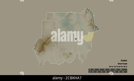 Desaturated shape of Sudan with its capital, main regional division and the separated Kassala area. Labels. Topographic relief map. 3D rendering Stock Photo