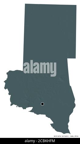 Shape of North Darfur, state of Sudan, with its capital isolated on white background. Colored elevation map. 3D rendering Stock Photo