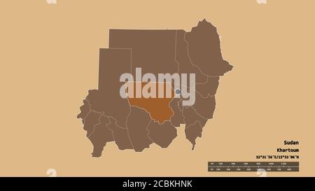 Desaturated shape of Sudan with its capital, main regional division and the separated North Kurdufan area. Labels. Composition of patterned textures. Stock Photo