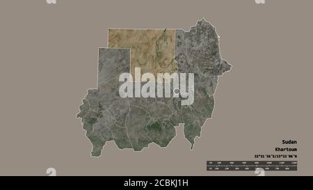 Desaturated shape of Sudan with its capital, main regional division and the separated Northern area. Labels. Satellite imagery. 3D rendering Stock Photo