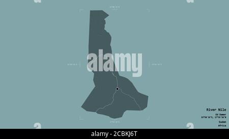 Area of River Nile, state of Sudan, isolated on a solid background in a georeferenced bounding box. Labels. Colored elevation map. 3D rendering Stock Photo