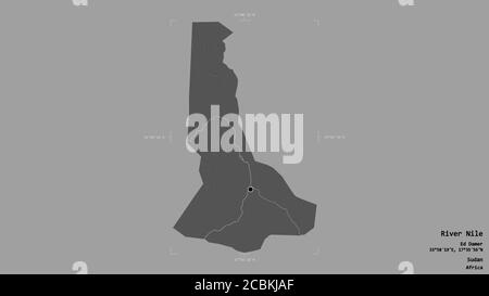 Area of River Nile, state of Sudan, isolated on a solid background in a georeferenced bounding box. Labels. Bilevel elevation map. 3D rendering Stock Photo