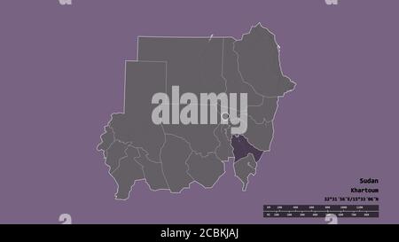 Desaturated shape of Sudan with its capital, main regional division and the separated Sennar area. Labels. Colored elevation map. 3D rendering Stock Photo