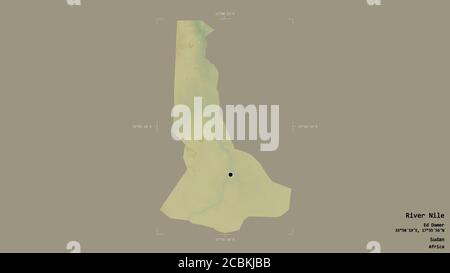 Area of River Nile, state of Sudan, isolated on a solid background in a georeferenced bounding box. Labels. Topographic relief map. 3D rendering Stock Photo