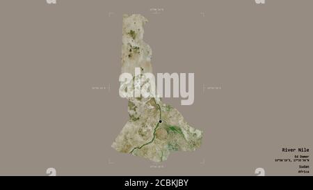 Area of River Nile, state of Sudan, isolated on a solid background in a georeferenced bounding box. Labels. Satellite imagery. 3D rendering Stock Photo