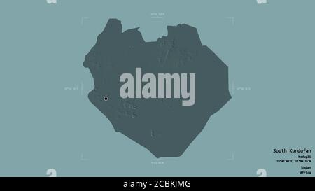 Area of South Kurdufan, state of Sudan, isolated on a solid background in a georeferenced bounding box. Labels. Colored elevation map. 3D rendering Stock Photo