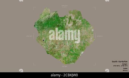 Area of South Kurdufan, state of Sudan, isolated on a solid background in a georeferenced bounding box. Labels. Satellite imagery. 3D rendering Stock Photo