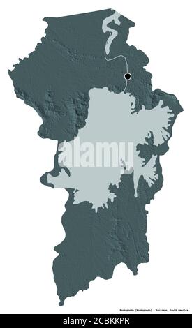 Shape of Brokopondo, district of Suriname, with its capital isolated on white background. Colored elevation map. 3D rendering Stock Photo