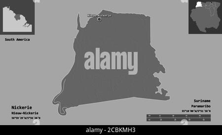 Shape of Nickerie, district of Suriname, and its capital. Distance scale, previews and labels. Bilevel elevation map. 3D rendering Stock Photo