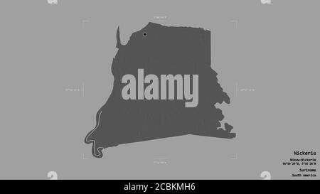 Area of Nickerie, district of Suriname, isolated on a solid background in a georeferenced bounding box. Labels. Bilevel elevation map. 3D rendering Stock Photo