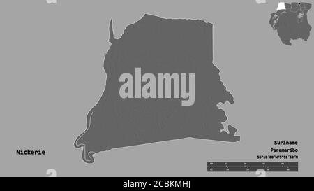 Shape of Nickerie, district of Suriname, with its capital isolated on solid background. Distance scale, region preview and labels. Bilevel elevation m Stock Photo