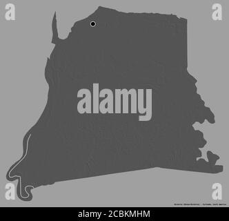 Shape of Nickerie, district of Suriname, with its capital isolated on a solid color background. Bilevel elevation map. 3D rendering Stock Photo