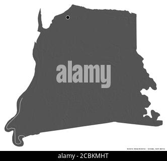 Shape of Nickerie, district of Suriname, with its capital isolated on white background. Bilevel elevation map. 3D rendering Stock Photo