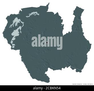 Shape of Sipaliwini, district of Suriname, with its capital isolated on white background. Colored elevation map. 3D rendering Stock Photo