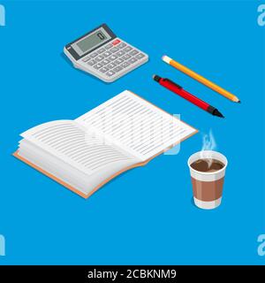 Set of isometric office objects.Notebook, pen, pencil, calculator, glass of coffee.3D style.Concept of office working day.Elements for design.Vector i Stock Vector