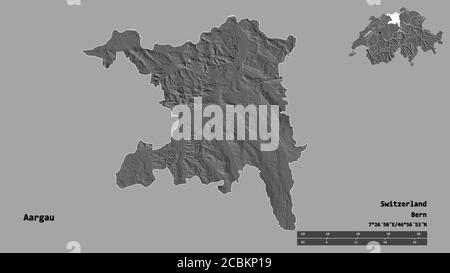 Shape of Aargau, canton of Switzerland, with its capital isolated on solid background. Distance scale, region preview and labels. Bilevel elevation ma Stock Photo