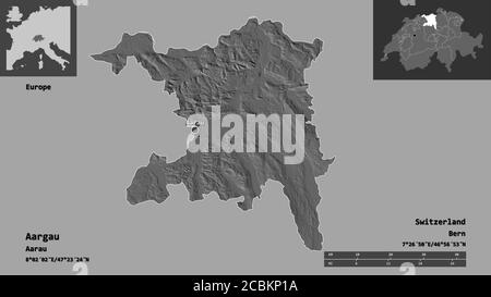 Shape of Aargau, canton of Switzerland, and its capital. Distance scale, previews and labels. Bilevel elevation map. 3D rendering Stock Photo