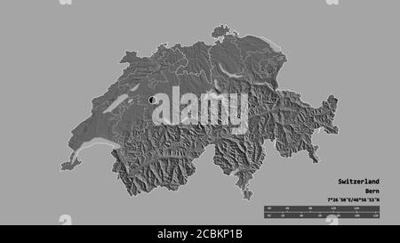 Desaturated shape of Switzerland with its capital, main regional division and the separated Aargau area. Labels. Bilevel elevation map. 3D rendering Stock Photo