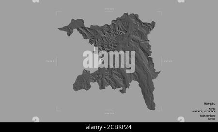 Area of Aargau, canton of Switzerland, isolated on a solid background in a georeferenced bounding box. Labels. Bilevel elevation map. 3D rendering Stock Photo