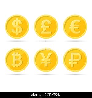 A set of icons of coins on the isolated white background.Bank notes dollar,  Bank notes euro, pound sterling, yuan, ruble, bitcoin.Symbols of currenci Stock Vector