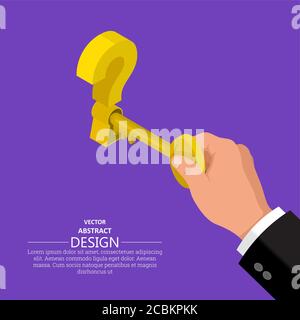 The hand with a key opens a keyhole at a question mark.Concept of a solution, question.Isometric illustration in flat stile.3d.Vector design. Stock Vector