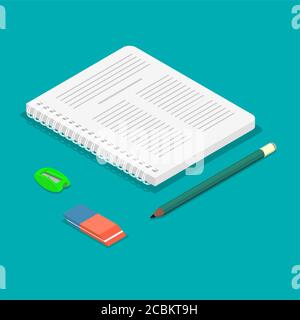 Notebook, pencil, eraser, sharpener in an isometric illustration.3D design.Office objects in a three-dimensional projection.Vector illustration.Design Stock Vector