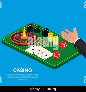 Objects of casino on a green table in an isometry.The hand throwing dice.Elements for design.3D style.Vector illustration. Flat design. Stock Vector