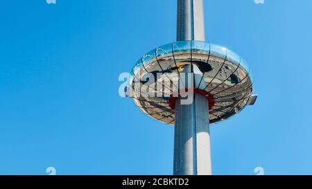 Brighton and Hove, E Sussex, UK - August 2020: The BA i360 observation platform against a clear blue sky. Also known as the donut. Stock Photo