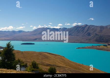 Lake Tekapo (colored turquoise by glacial water), South Island, New Zealand Stock Photo