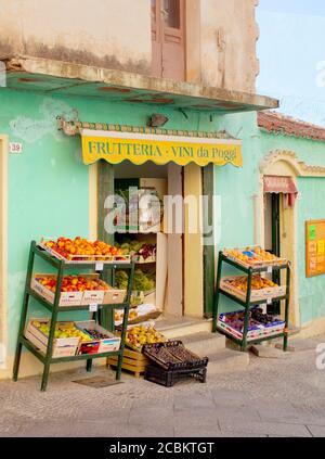 Fruit shop with shelves of fruit on display, Sardinia, Italy Stock Photo