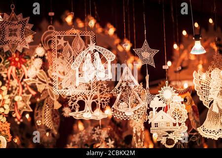 Hanging Christmas ornaments at Christmas market, Basel, Switzerland Stock Photo