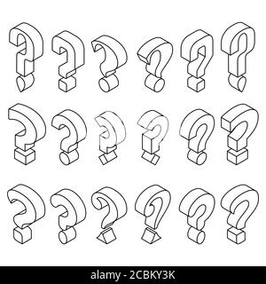 A set of isometric icons in linear style.Planimetric question marks.3D.Monochrome vector illustration. Stock Vector