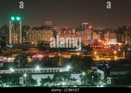 View of city at night, Beijing, Beijing Municipality, China Stock Photo