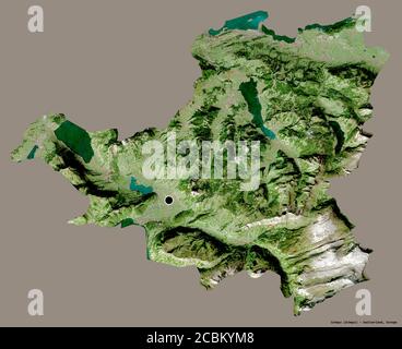 Shape of Schwyz, canton of Switzerland, with its capital isolated on a solid color background. Satellite imagery. 3D rendering Stock Photo