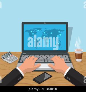 Hands of the man print on the laptop.Workplace of a biznsmen with a glass of coffee, phone, the calculator.Internet globalization.3D style. Vector ill Stock Vector