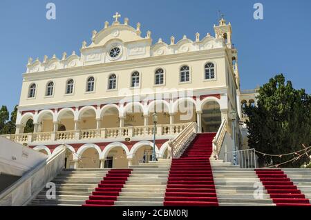 View of Our Lady of Tinos Church with red carpet on stairs, Tinos Island, Greece Stock Photo