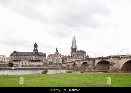 Dresden Cathedral and bridge over Elbe river, Germany Stock Photo